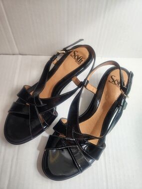 Sofft Black Patent Leather Strappy Slingback Sandals
